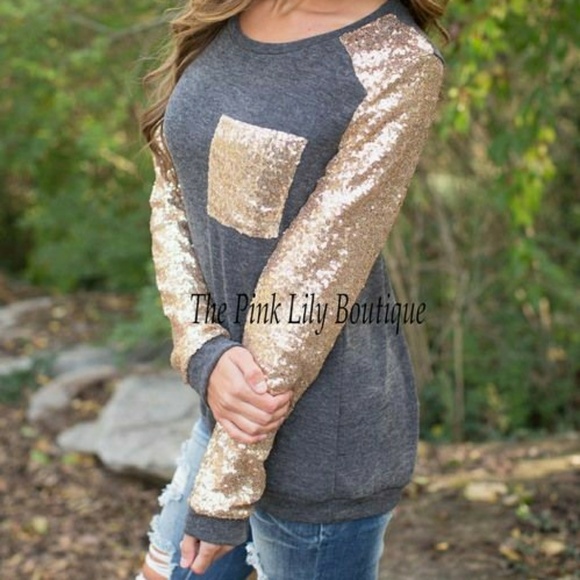 NWOT Charcoal Sequin Sleeve Blouse - Picture 2 of 6